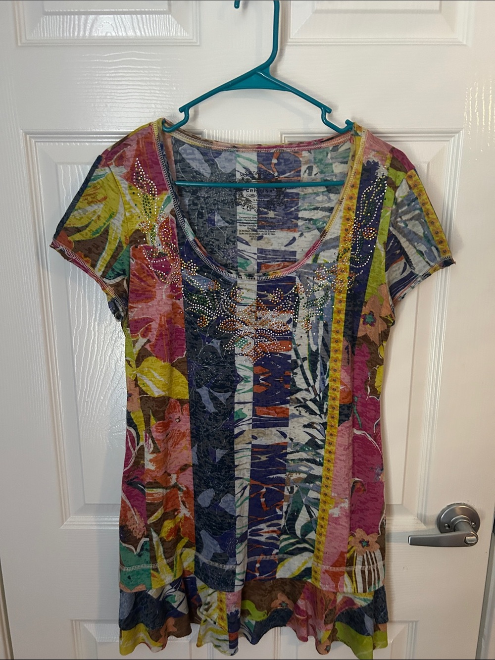 Multicolor Floral Patchwork Short Sleeve Tee with Rhinestone Detail